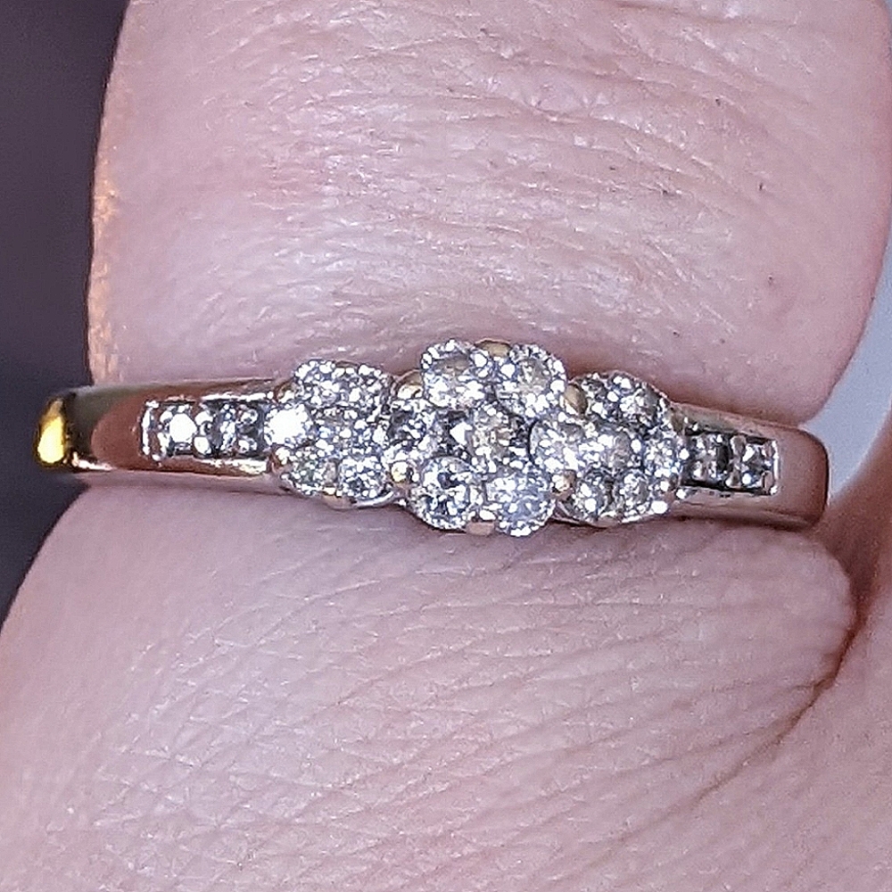 10K white gold diamond triple cluster ring